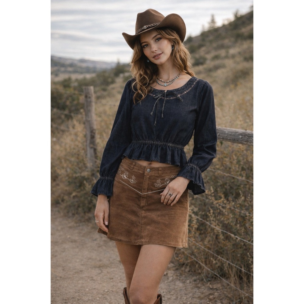 Vtg‎ Chambray Boho Peasant Top Medium Western Cottagecore Festival Indie Grunge